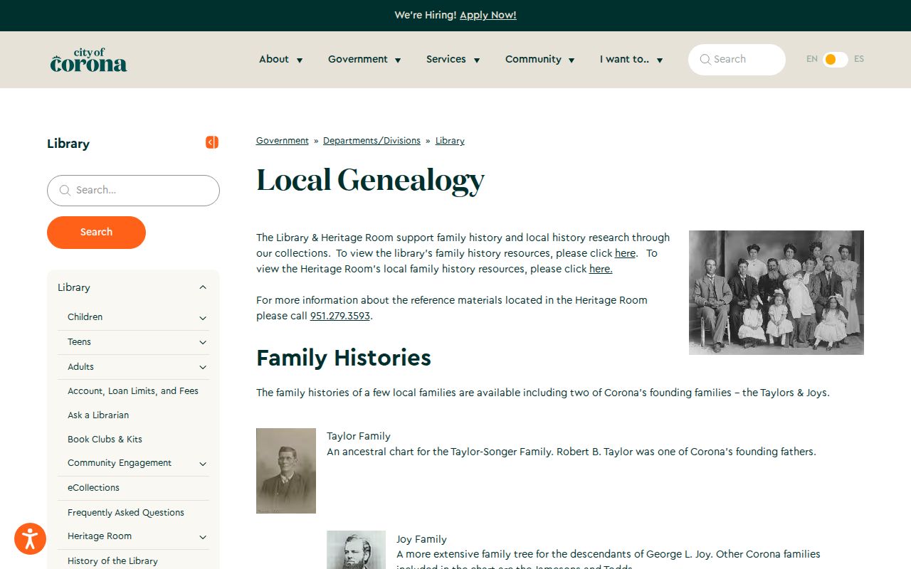 Eastvale residents directory view of Corona Heritage Room genealogy holdings